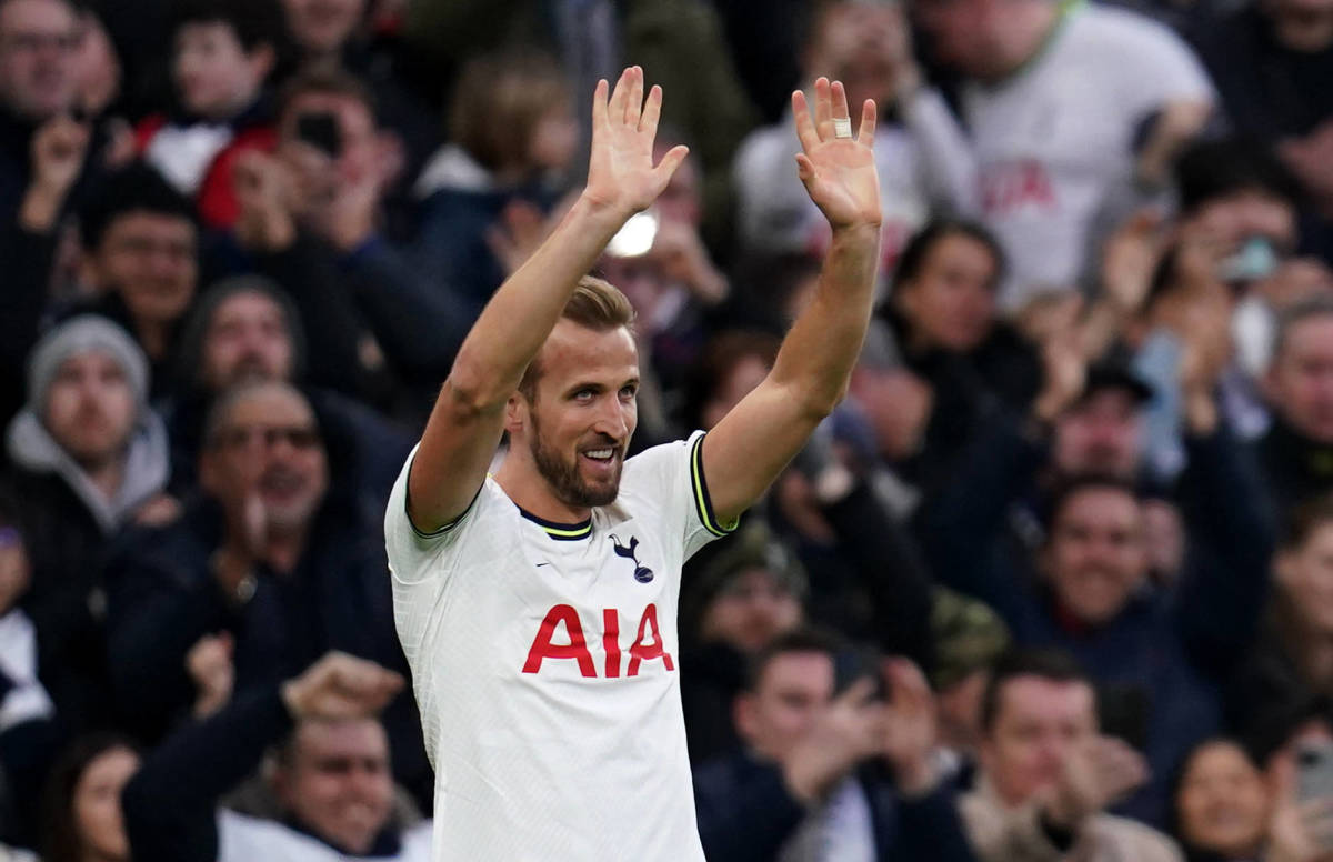 Harry Kane pictured celebrating after scoring the 267th goal of his Tottenham Hotspur career during an EPL game against Manchester City in February 2023